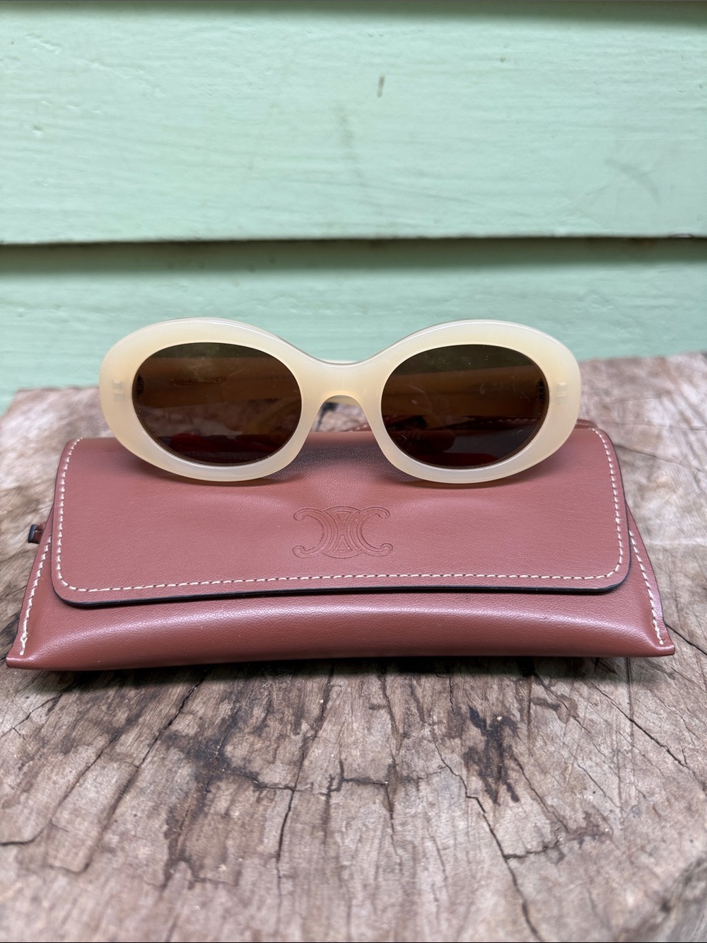 Celine Ivory Oval Sunglasses with Brown Lenses and Tan Case